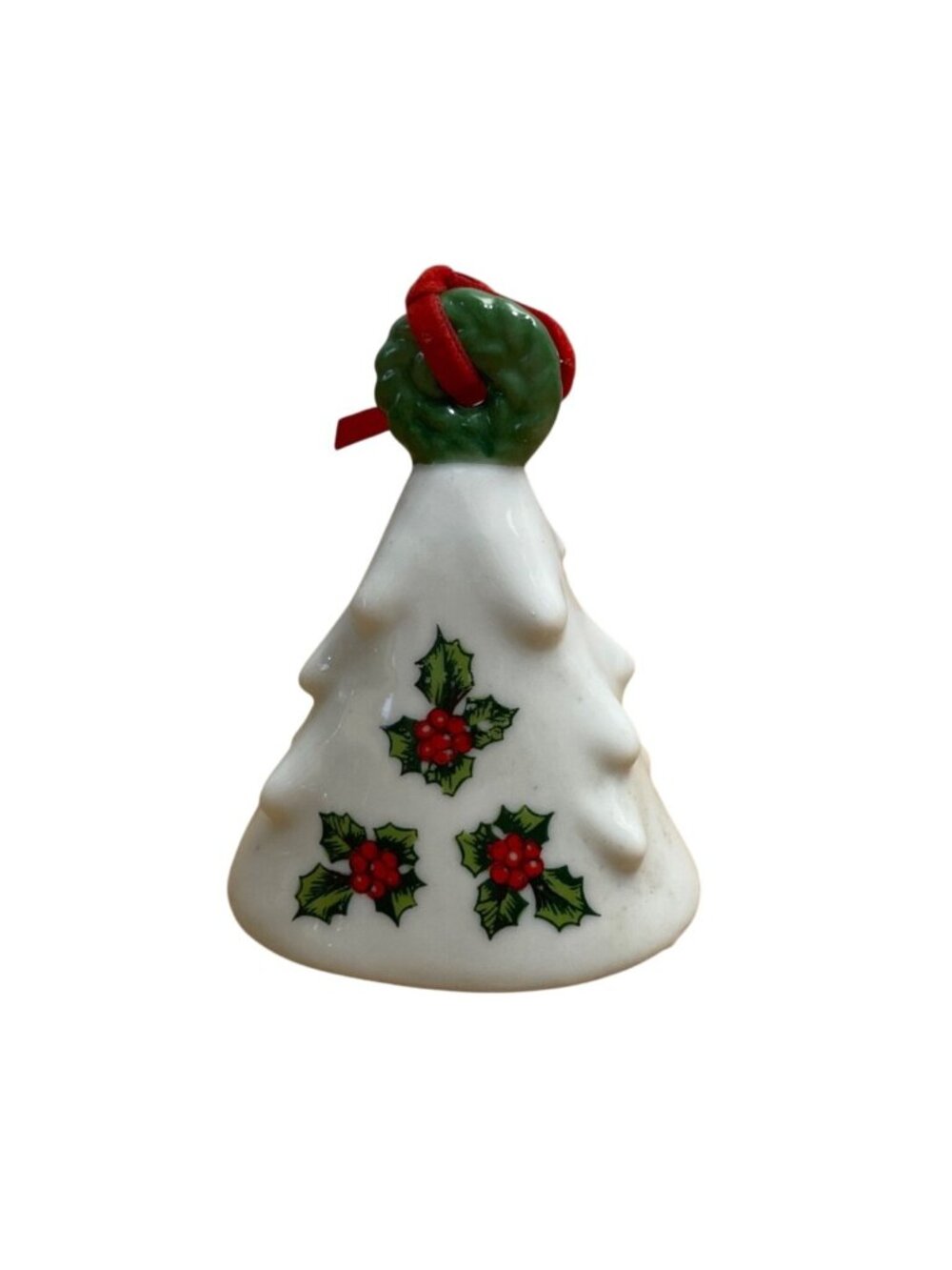 Vtg Lefton Christmas Tree Bell Ornament With Holly and Wreath Design Red Ribbon